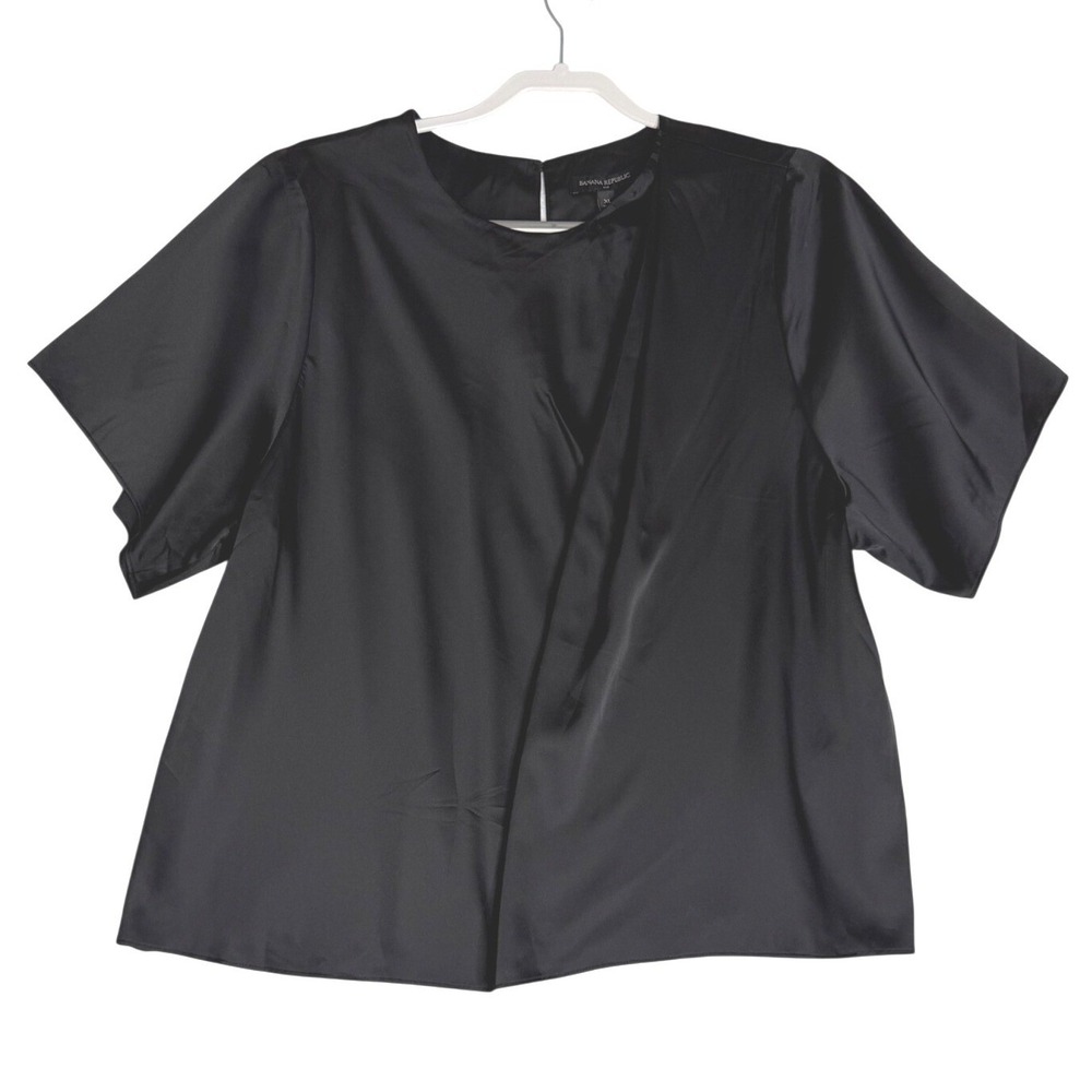 NWT Banana Republic Draped Satin Blouse Short Sleeve Black Womens XL